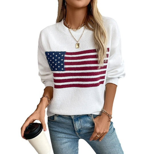 Damen Strickpullover mit Flaggenmotiv und Rundhalsausschnitt EB