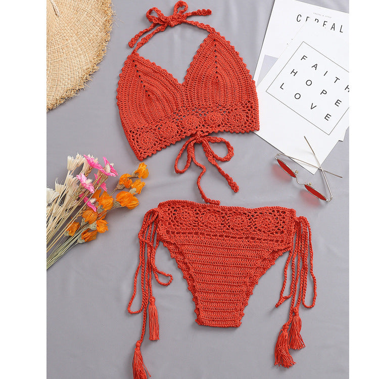 Damen Häkel-Bikini-Set mit verstellbaren Trägern und fransigen Details EB