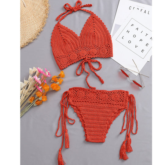 Damen Häkel-Bikini-Set mit verstellbaren Trägern und fransigen Details EB
