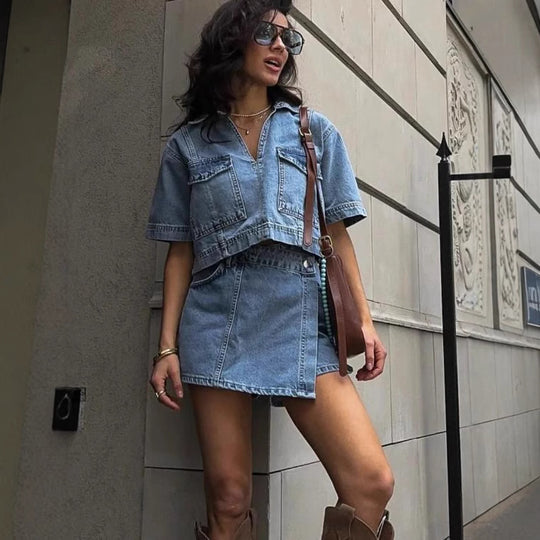 Damen modisches Denim-Kurzoberteil und Rock Set EB