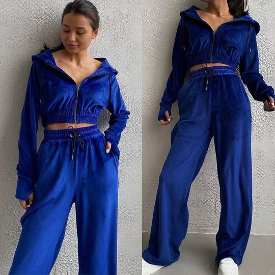Damen Samt-Loungewear-Set mit Cropped Zip-Kapuzenjacke und weiter Palazzohose EB