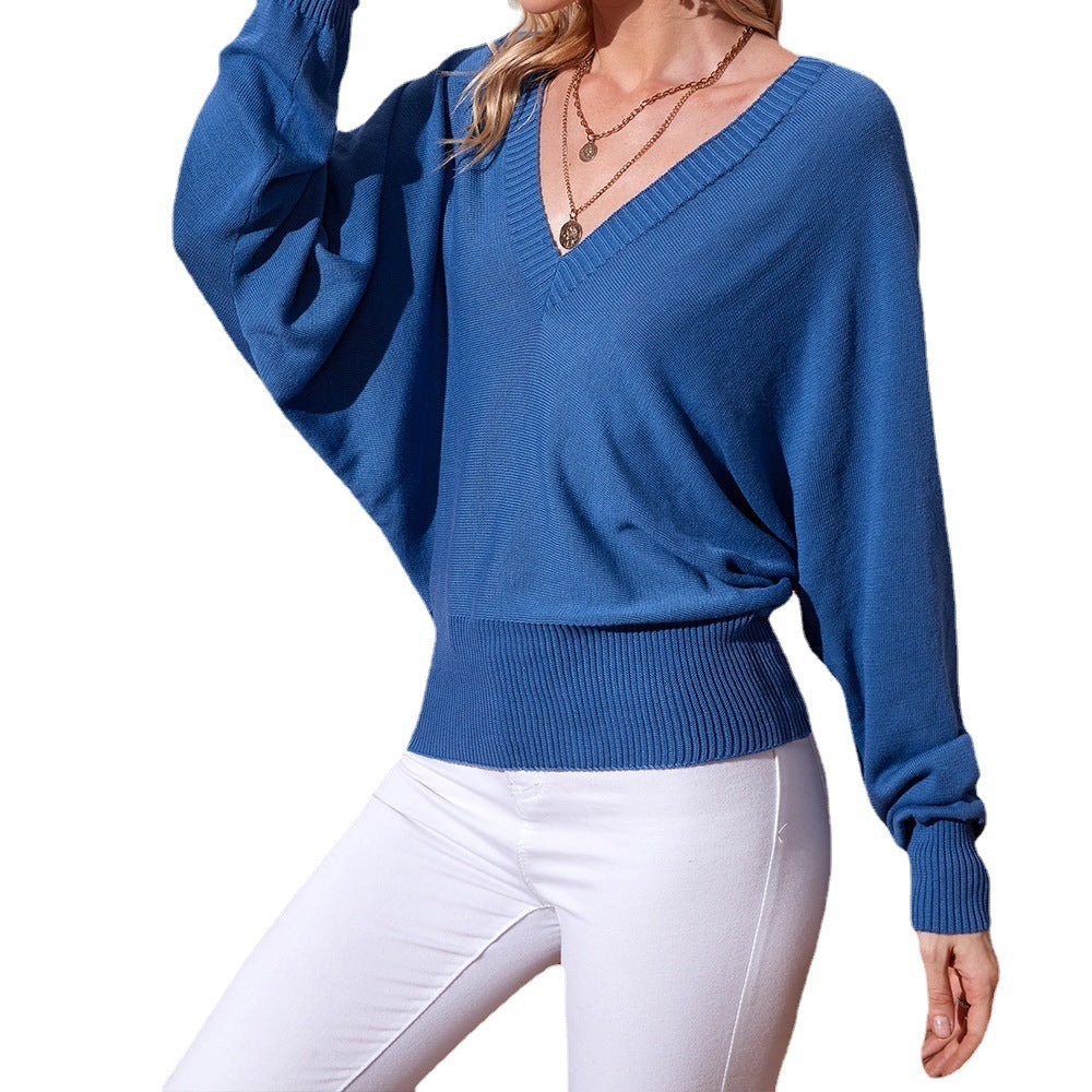 Damen V-Ausschnitt Strickpullover mit weitem Schnitt und gekräuselten Ärmeln EB