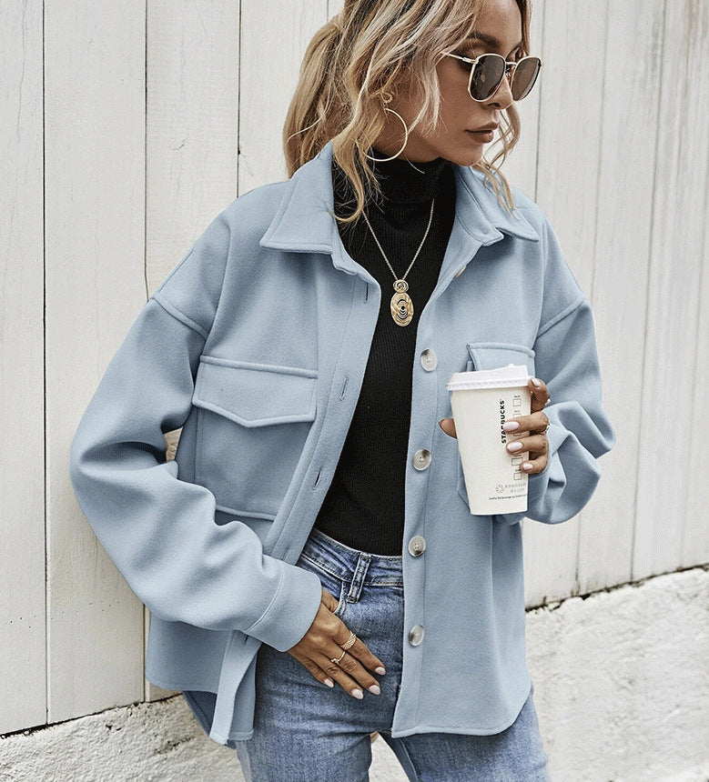 Damen Modische Oversized-Jacke mit Taschen und Knopfverschluss EB