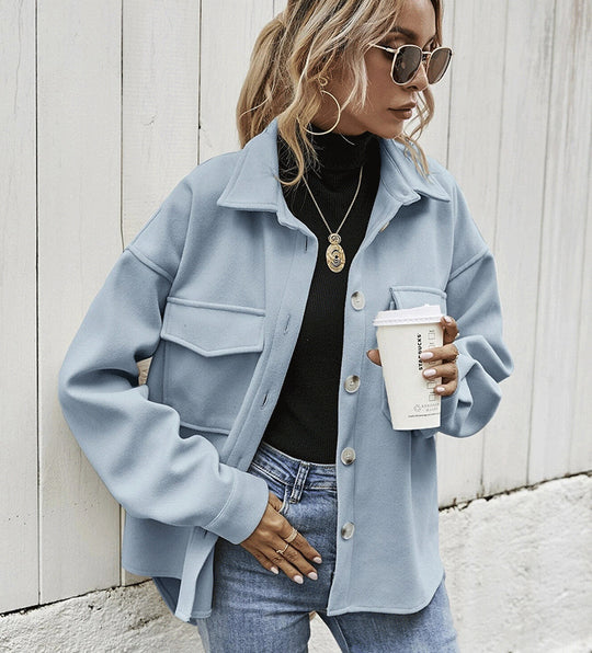 Damen Modische Oversized-Jacke mit Taschen und Knopfverschluss EB