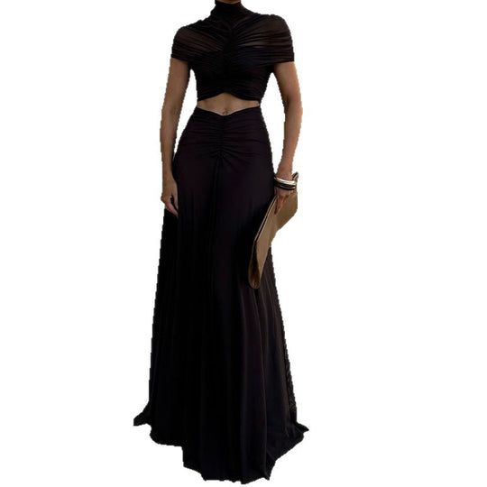 Damen Elegantes Maxikleid mit Raffungen und durchsichtigem Oberteil EB