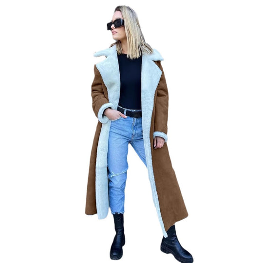Damen Langer Fleece-Mantel mit Umlegekragen EB