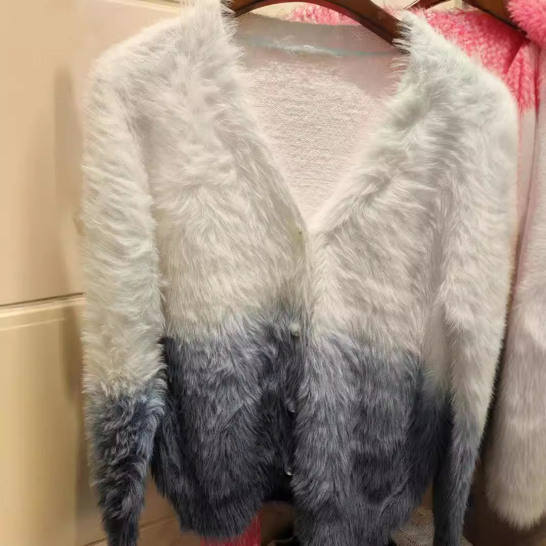 Damen modischer Strickcardigan mit elegantem Kunstfell und Knopfleiste EB