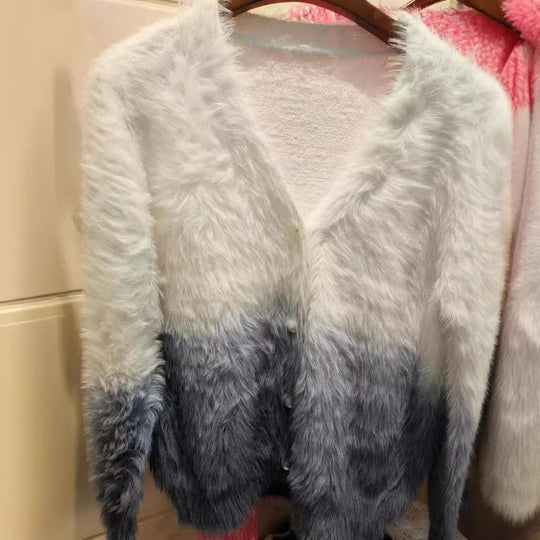 Damen modischer Strickcardigan mit elegantem Kunstfell und Knopfleiste EB