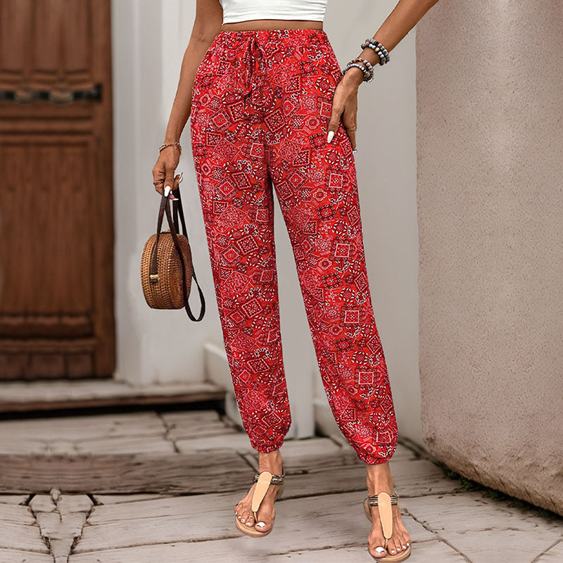 Damen Boho-Haremshose mit elastischem Taillenbund, Kordelzug und Seitentaschen EB