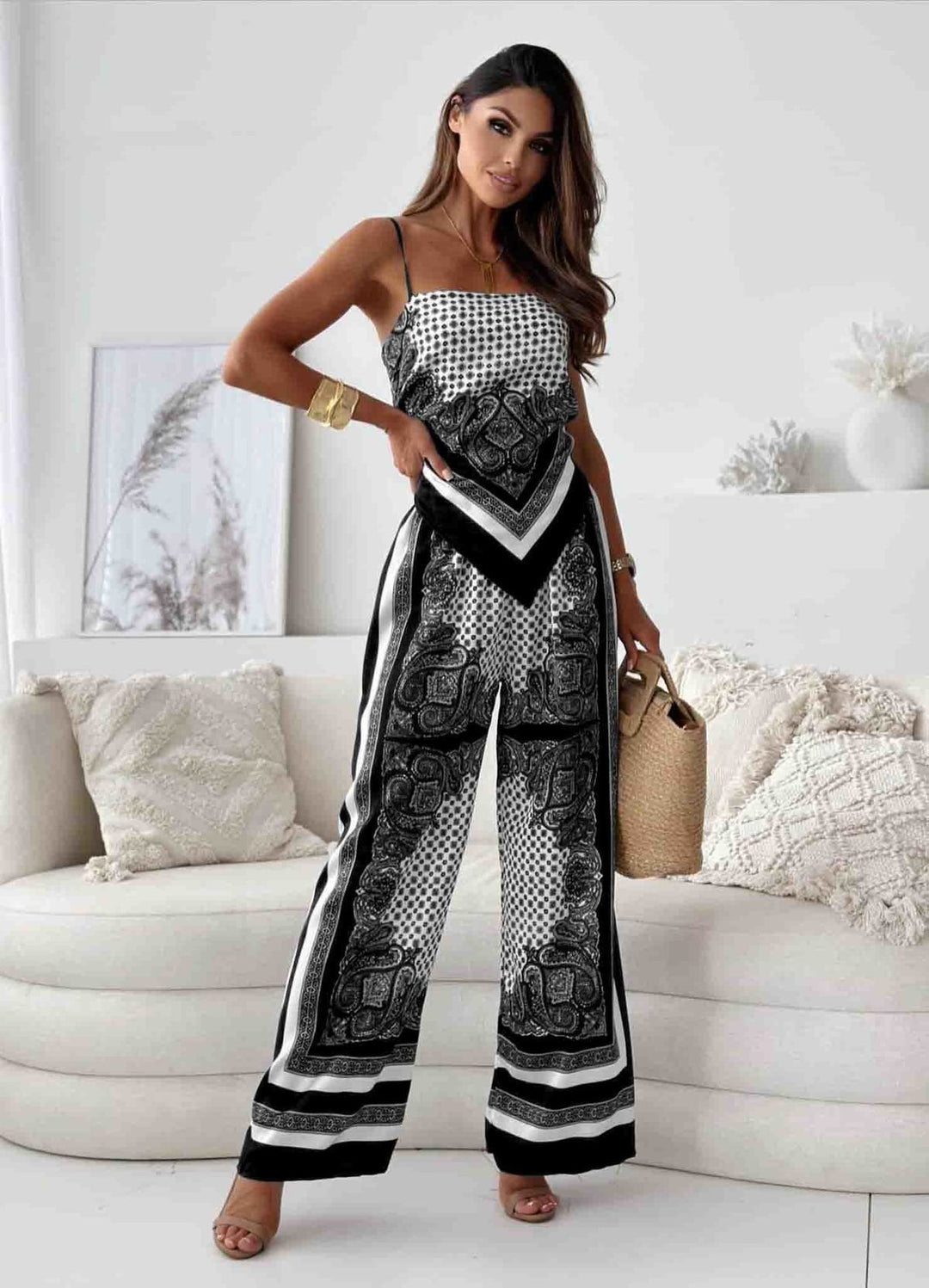 Damen Jumpsuit im eleganten Boho-Stil mit dekorativen Mustern und weitem Bein EB