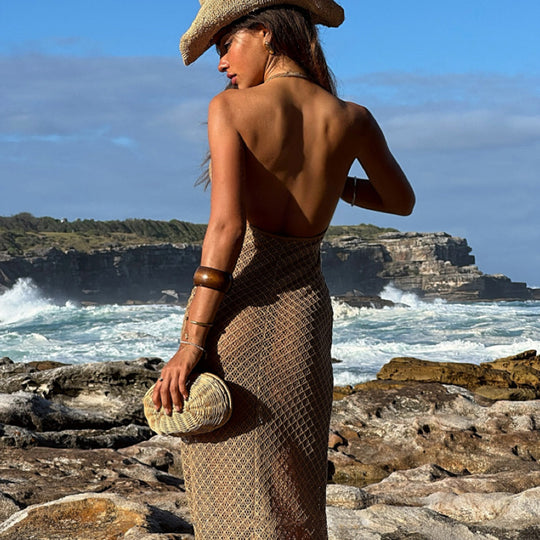 Damen Häkel-Strandkleid mit V-Ausschnitt und feinem Netzdesign EB