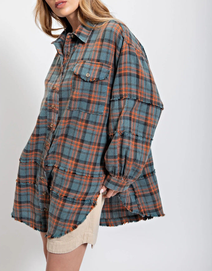 Damen nan oversized Karo-Überhemd mit Fransenbesatz, Brusttaschen und lockerer Passform EB