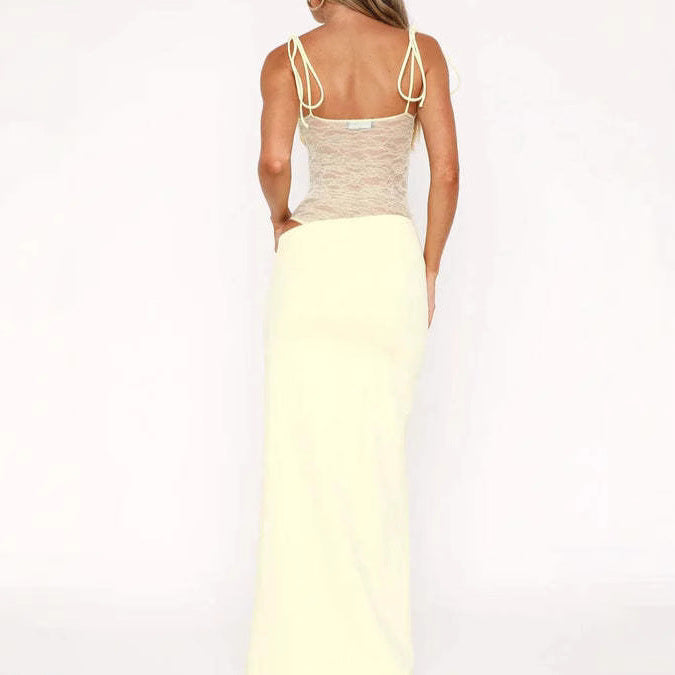 Damen nan Bandeau-Maxikleid mit transparentem Spitzenkorsett und knotbaren Spaghettiträgern EB