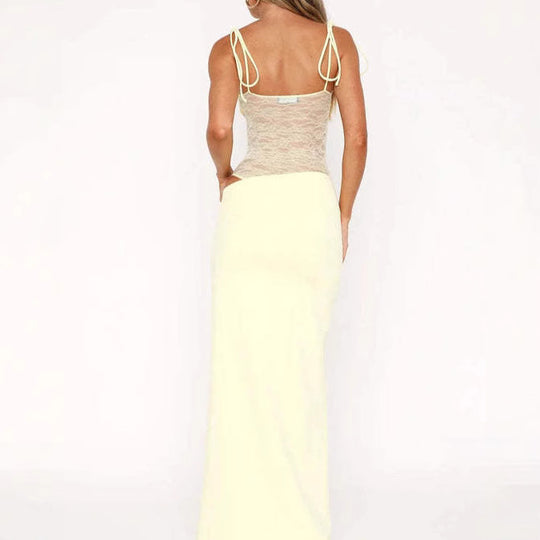Damen nan Bandeau-Maxikleid mit transparentem Spitzenkorsett und knotbaren Spaghettiträgern EB