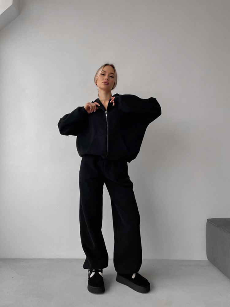 Damen Oversize-Zip-Hoodie mit hochtaillierter Wide-Leg-Sweathose EB
