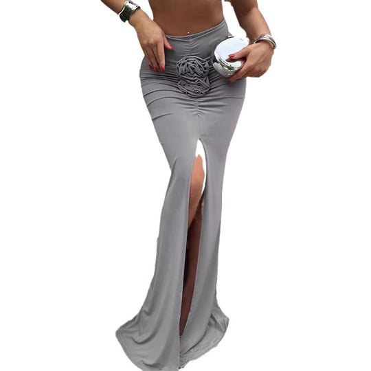 Damen Maxi-Rock mit elegantem Schlitz und floralem Rüschenapplikation EB