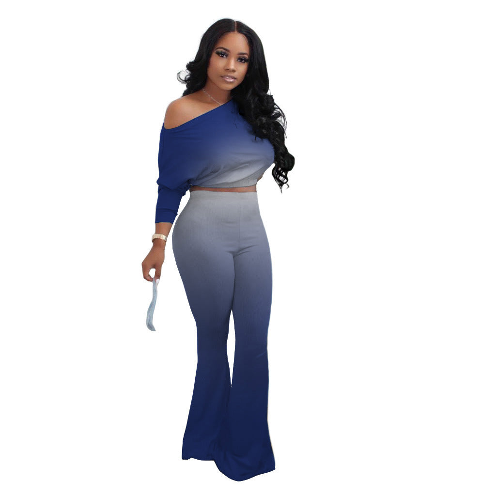 Damen Lässiges Ombre Set mit stilvollem Off-Shoulder Oberteil und figurbetonten Hosen EB