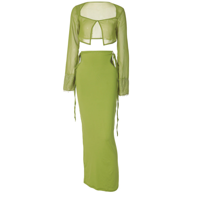 Damen Transparentes Set mit Crop-Top und Maxirock EB