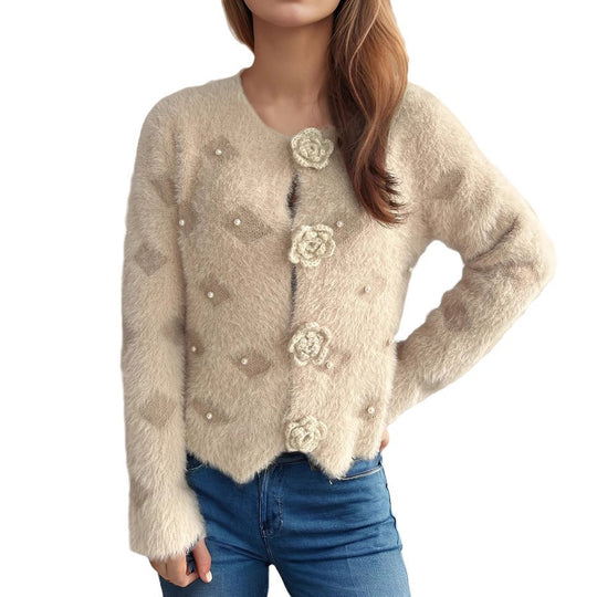 Damen Strickjacke mit floralen Applikationen und perlverzierter Detail EB