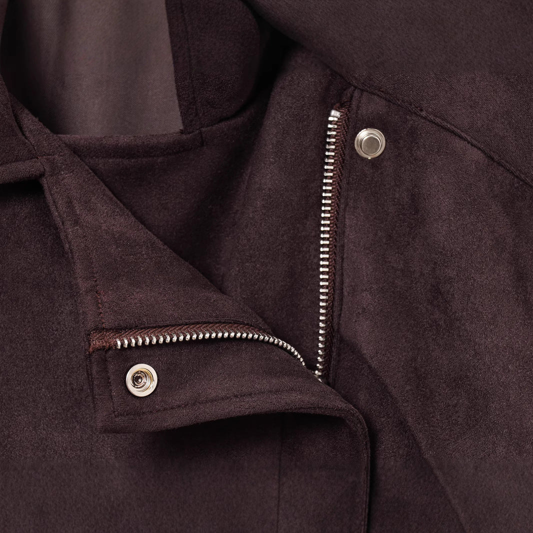 Damen stilvolle Suedejacke mit verstellbarem Gürtel und praktischen Reißverschlüssen EB