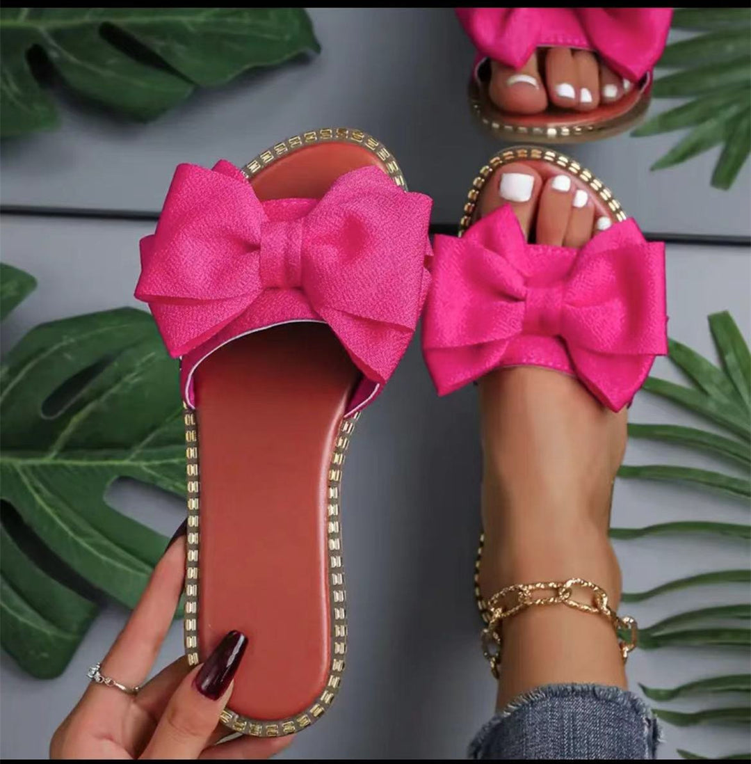 Damen elegante Sommer-Pantoletten mit großem Schleifen-Detail EB