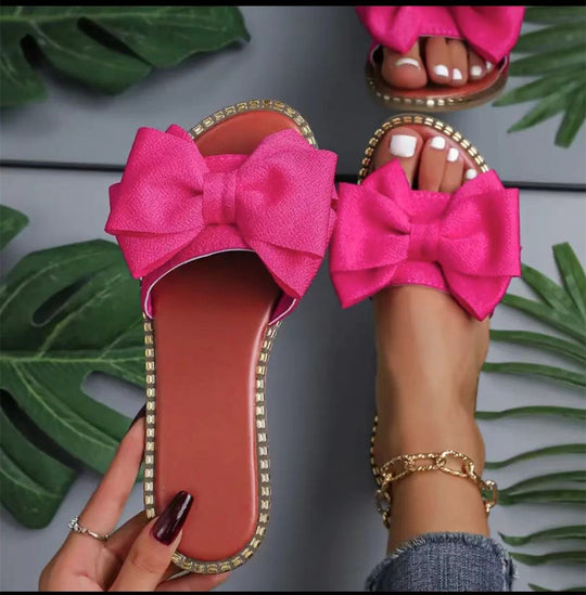 Damen elegante Sommer-Pantoletten mit großem Schleifen-Detail EB