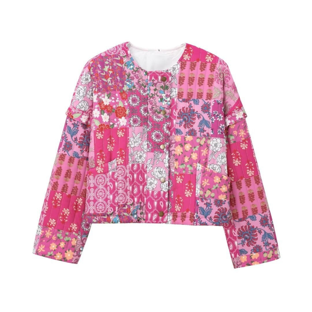 Damen Patchwork-Jacke mit floralen Motiven und praktischen Taschen EB