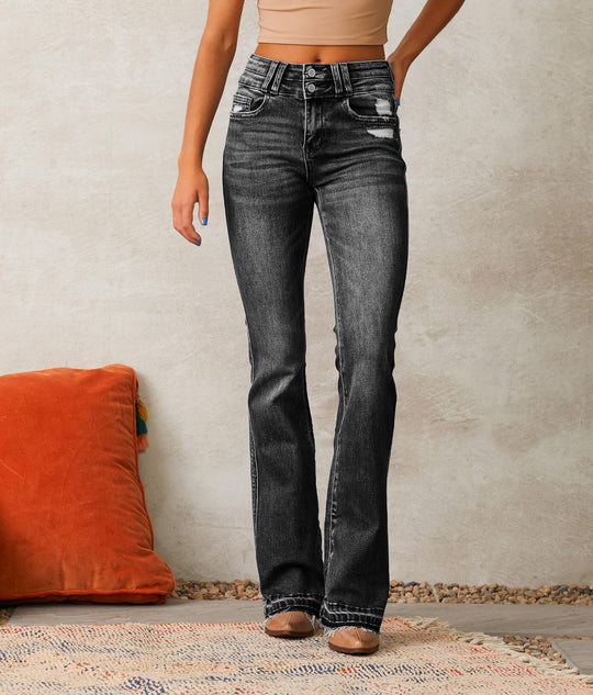 Damen Flared Jeans mit hohem Bund und modischen Destroyed-Details EB