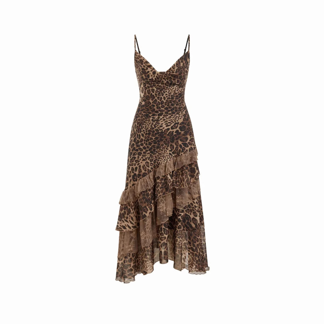 Damen elegantes Midikleid mit asymmetrischem Volant und Animal-Print EB