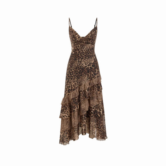 Damen elegantes Midikleid mit asymmetrischem Volant und Animal-Print EB