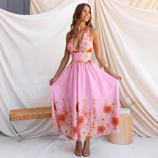 Damen Maxikleid mit tiefem V-Ausschnitt und floralem Print EB