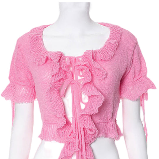 Damen Kurzarm Spitze Top mit Rüschen EB