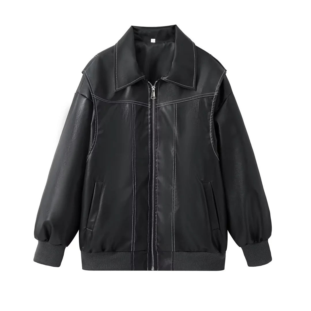 Damen stylische Kunstlederjacke mit voluminösen Ärmeln und praktischen Zipper-Taschen EB