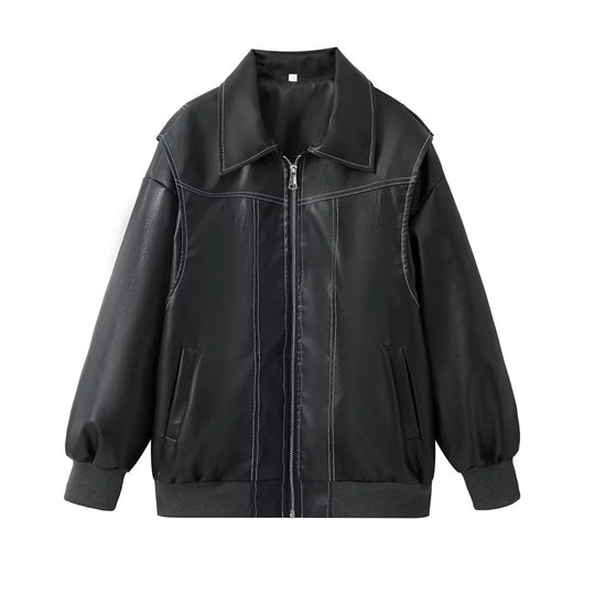Damen stylische Kunstlederjacke mit voluminösen Ärmeln und praktischen Zipper-Taschen EB