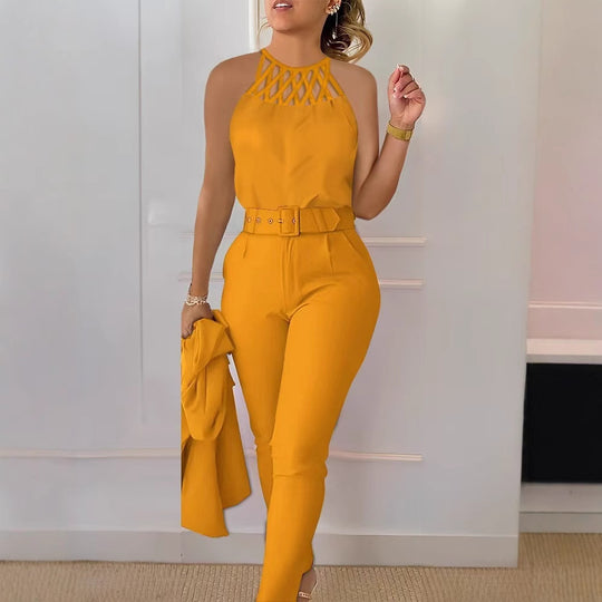 Damen Eleganter Jumpsuit mit schickem Gürtel und raffiniertem Cut-Out EB