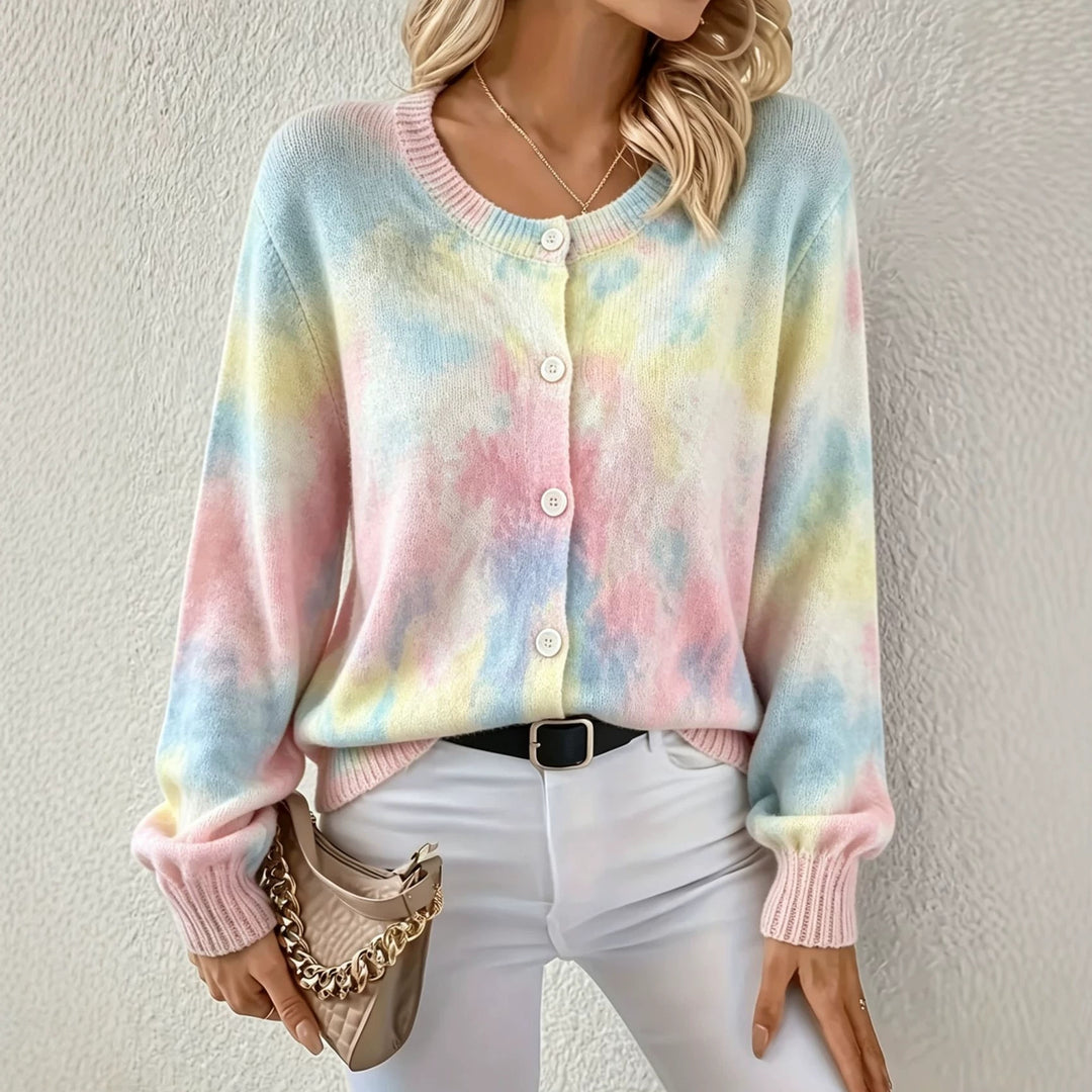 Damen Leichter Jacquard‑Strickcardigan mit Leo‑Print, Rundhalsausschnitt und Knopfleiste EB