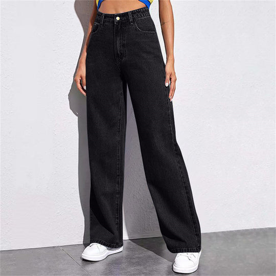 Damen nan hochgeschnittene weite Denim-Hose mit extra weitem Bein und taillierendem Bund EB