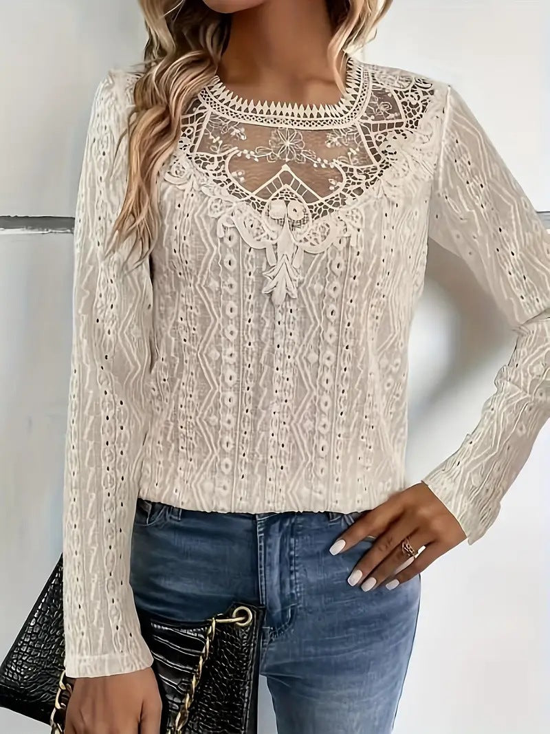 Damen elegante Bluse mit Spitzeneinsätzen und detailliertem Lochmuster EB