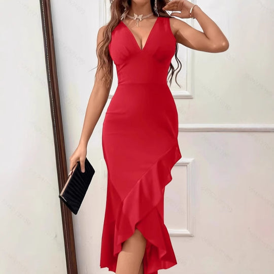 Damen Charmantes Maxikleid mit asymmetrischem Saum und V-Ausschnitt EB