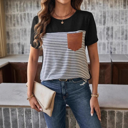 Damen Trendiges T-Shirt mit gestreiftem Design und Leder-Tasche EB