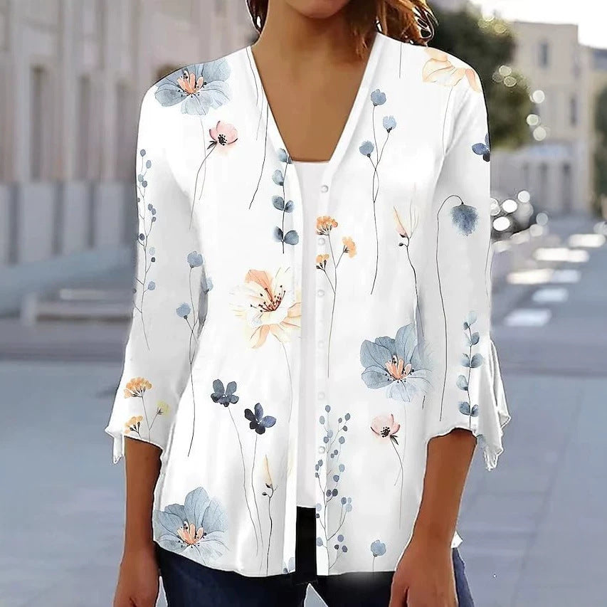 Damen nan leichte Chiffonbluse mit Aquarellblumenprint, V‑Ausschnitt, Knopfleiste und dreiviertelärmeln EB