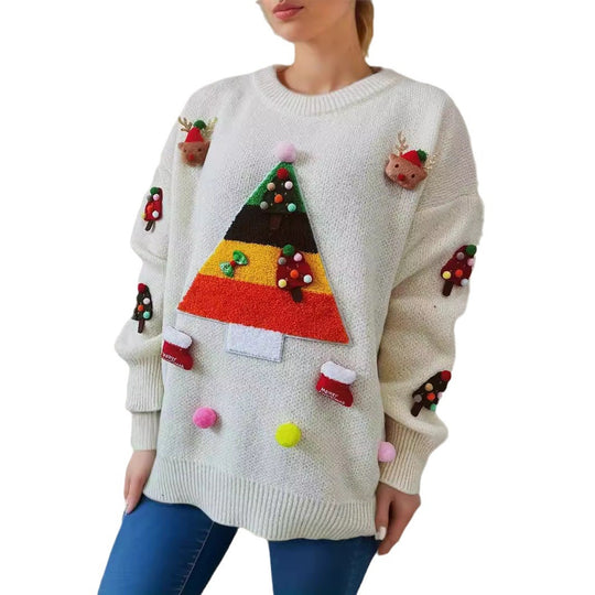 Damen Weihnachts-Pullover mit fröhlichem Weihnachtsbaum-Design und 3D-Applikationen EB