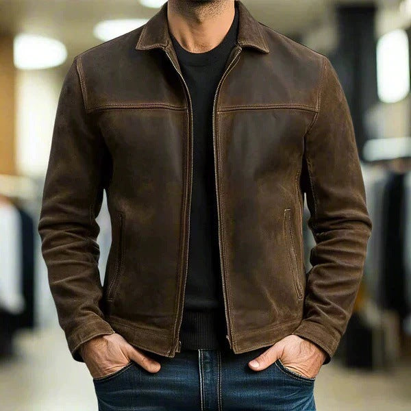 Herren Vintage Velourslederjacke mit schmaler Passform und Reißverschluss EB