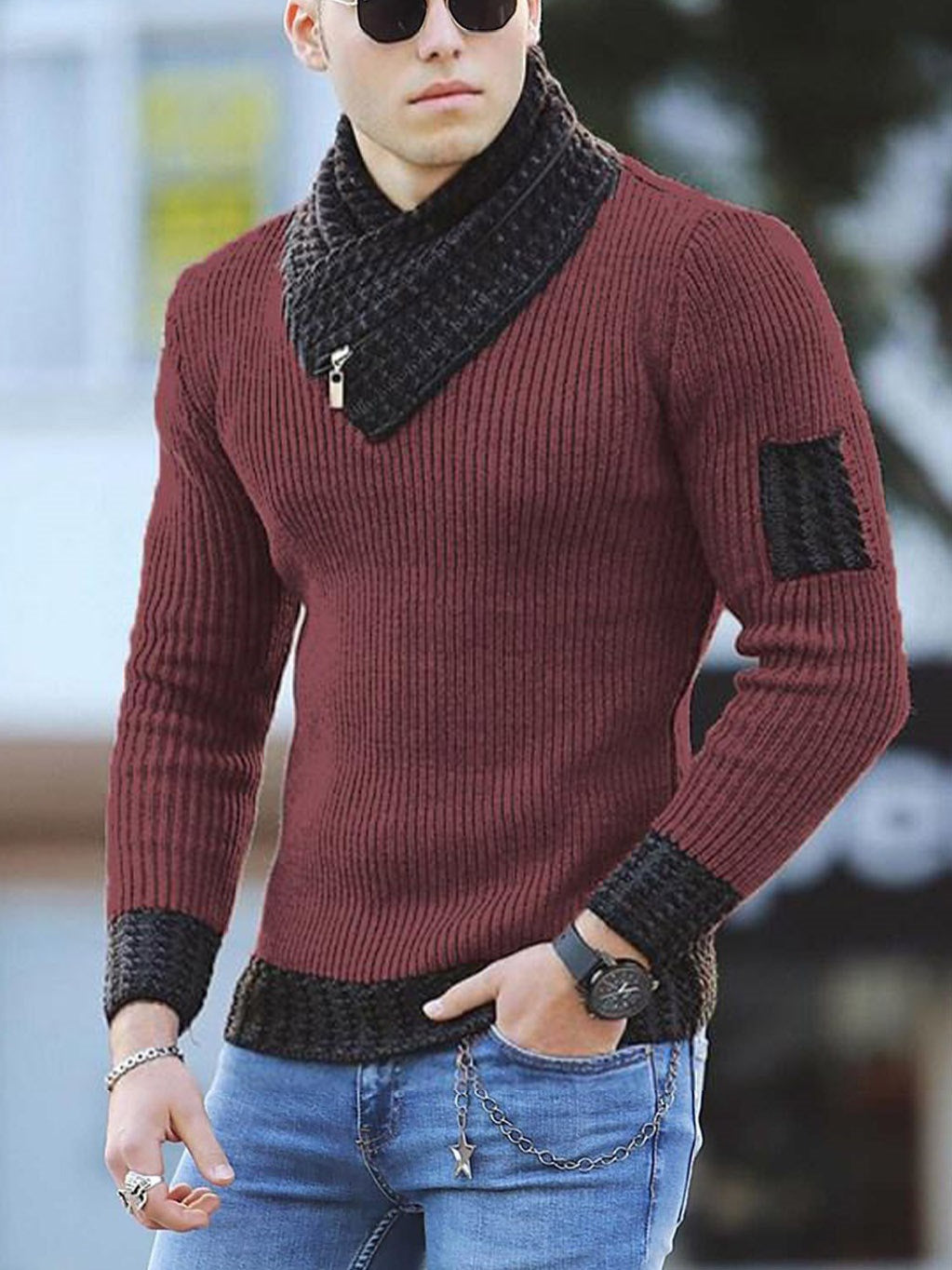 Herren Strickpullover mit modernem Kragen und Reißverschluss EB