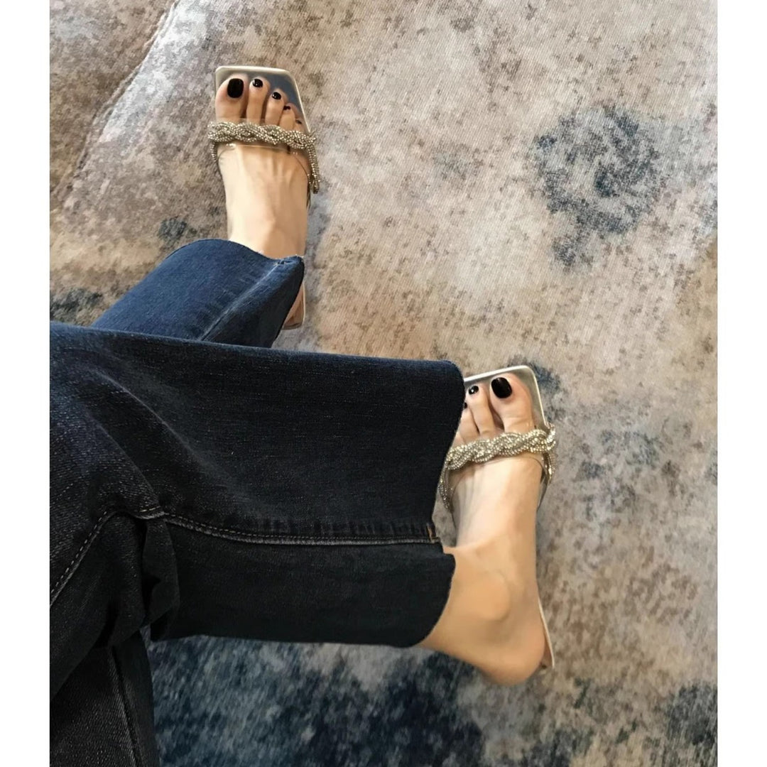 Damen glamouröse High Heel Mules mit funkelnden Strassverzierungen EB