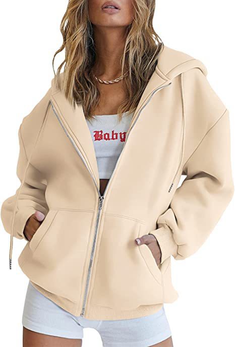 Damen nan oversized Kapuzenjacke mit durchgehendem Reißverschluss Kängurutaschen und weichem Sweatmaterial EB