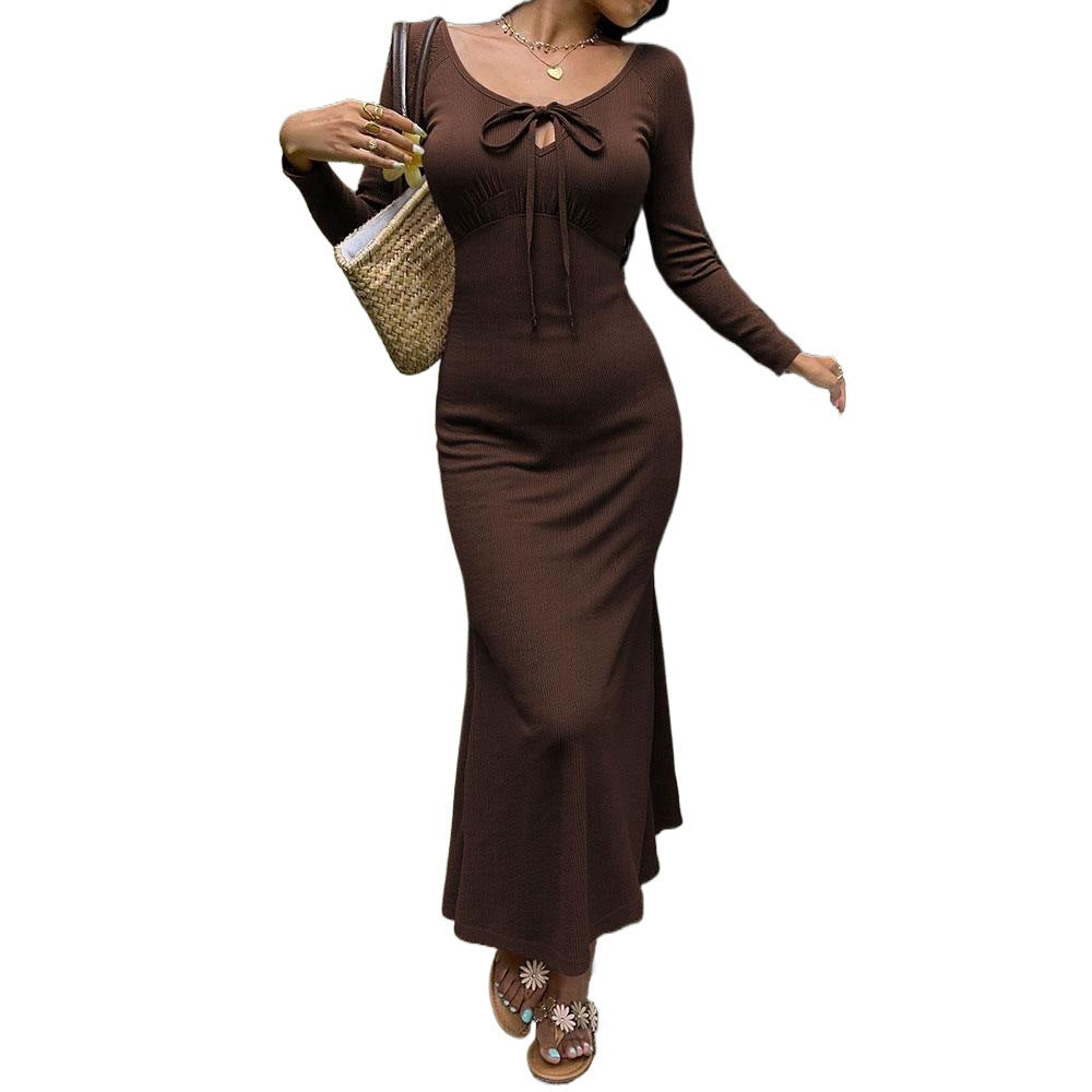 Damen figurbetontes Ripp-Maxikleid mit langen Ärmeln, Knoten‑Keyhole und ausgestelltem Meerjungfrauen-Saum Eichborn Berlin