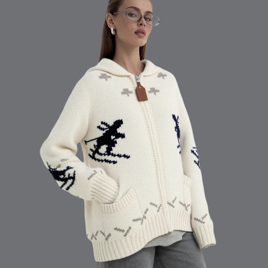 Damen Strickjacke mit Kapuze und sportlichem Muster EB