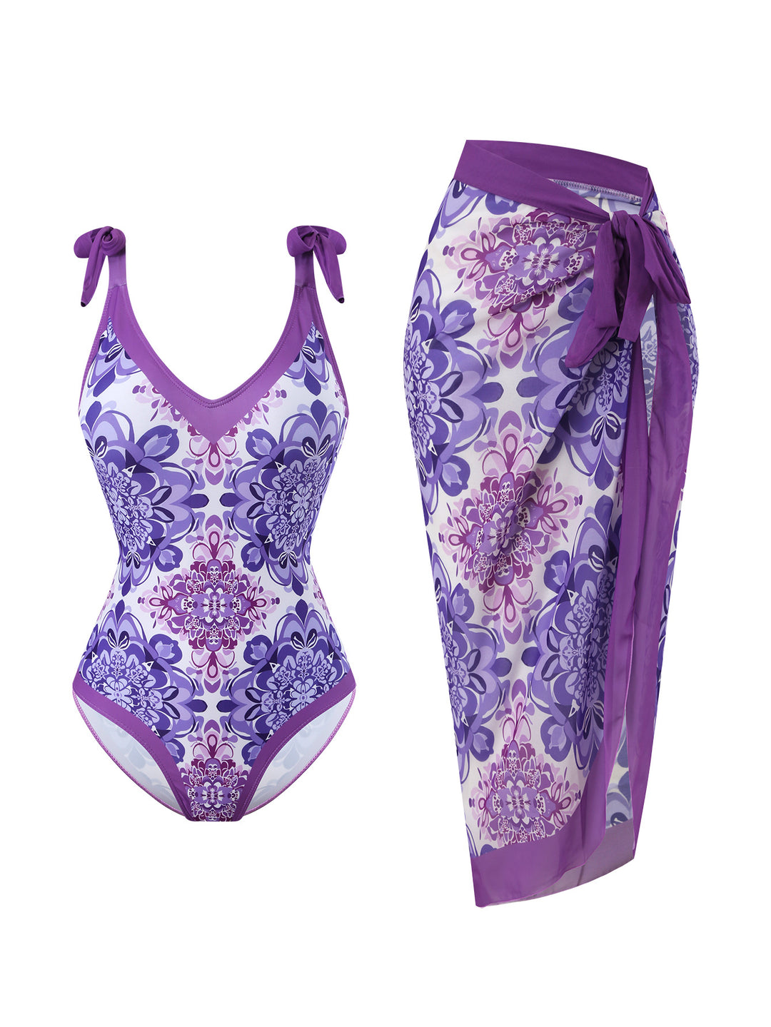 Damen Badeanzug mit floralem Design und transparentem Wickelrock EB