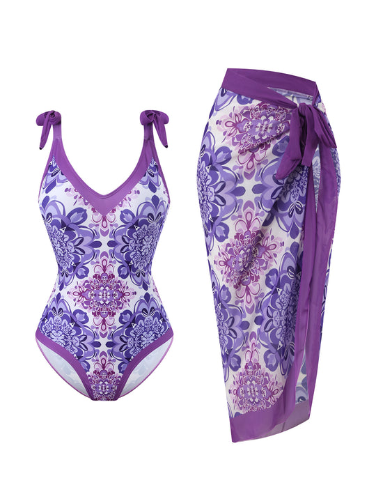 Damen Badeanzug mit floralem Design und transparentem Wickelrock EB